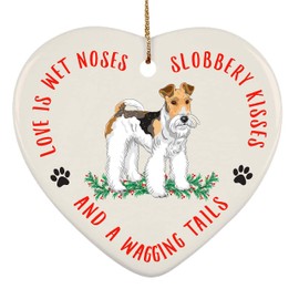 Funny Wire Hair Fox Terrier Clipart Dog Gifts 2024 Christmas Tree Ornaments Love is Wet Noses Heart Ceramic