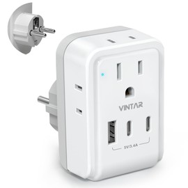 Type E F Travel Plug Adapter, VINTAR Germany France Plug Adapter with 4 Outlets 3 USB Ports (2USB C), Schuko Power Adaptor for US to Europe EU Spain Greece Iceland Korea Russia German French