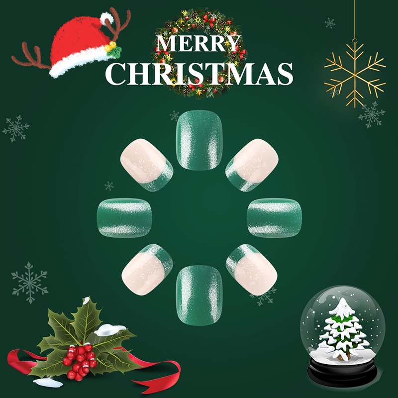 GGDECA 24Pcs Christmas Green Short Press on Nails Square Fake
