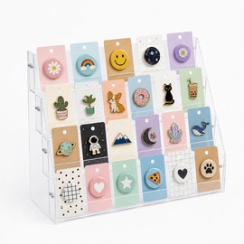 4 Tier Acrylic Button Pins Organizer Stand for Badge Display, Slanted Countertop Pin Badge Display Rack for Enamel Pins, Carded Badges, Craft Fair, Retail Store, Reception Desk, Home Office
