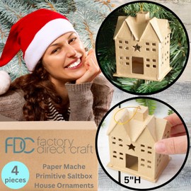 Factory Direct Craft Set of 4 Ready to Decorate Paper Mache Primitive Saltbox Ornaments - 2-1/4 Inches W x 5 Inches H