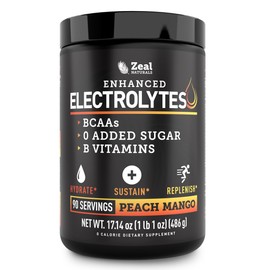 Zeal Naturals Enhanced Electrolyte Powder (Peach Mango | 90ct.) w/ 0 Sugar +BCAAs +B-Vitamins Electrolyte Supplement w Potassium Zinc & Magnesium for Hydration - Keto Electrolytes