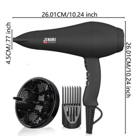 JINRI Ionic Hair Dryer with Diffuser & Comb and Concentrator, Lightweight Quiet Infrared Blow Dryer, Powerful 1875 Watt Motor for Smooth and Fast Drying Hair, Black