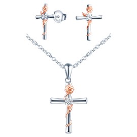 Yumilok Women's Jewellery Set Necklace Necklace Earrings Set Cubic Zirconia Cross Rose Necklace with Earrings for Her Birthday Valentine's Day Mother's Day, Sterling Silver Sterling Silver Zirconia,