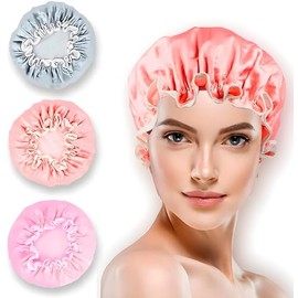 BEE VIBES Gorra de Baño Satín 3 Pack Doble Capa Impermeable Mujer  3 piezas, satín  EVA, 27 cm, reutilizable, Rose Gold, plateado, rosa, cabello...   