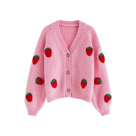 CHICWISH Women's Candy Pink Stitch Strawberry Button Up Hand Knit Cardigan