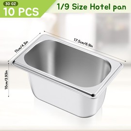 10 Pcs 1/9 Size 4 Inch Deep Hotel Pan Steam Table Pan Stainless Steel Metal Food Catering Tray Food Service Pans for Hotel, Restaurant, Buffet