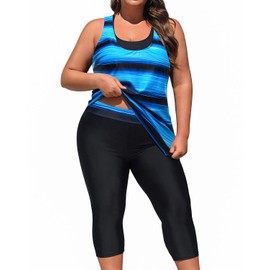 Yonique 3 Piece Plus Size Swimsuits for Women Tankini Tops with Sports Bra and Swim Capris Athletic Bathing Suits Blue and Black Gradient 14 Plus