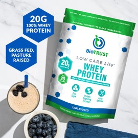 BioTrust Low Carb Lite, Low Calorie Protein Powder – Low Carb, Sugar Free, Low Sodium, Keto Protein Powder – 20g Grass-Fed Whey Protein Isolate with Digestive Enzymes – Unflavored, 14 Servings