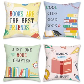 COZZSNUGE Reading Cushion Covers Colorful Books Kids Velvety Decorative Pillowcases for Sofa Bed Home Kids Room Classroom 45 x 45 cm Set of 4