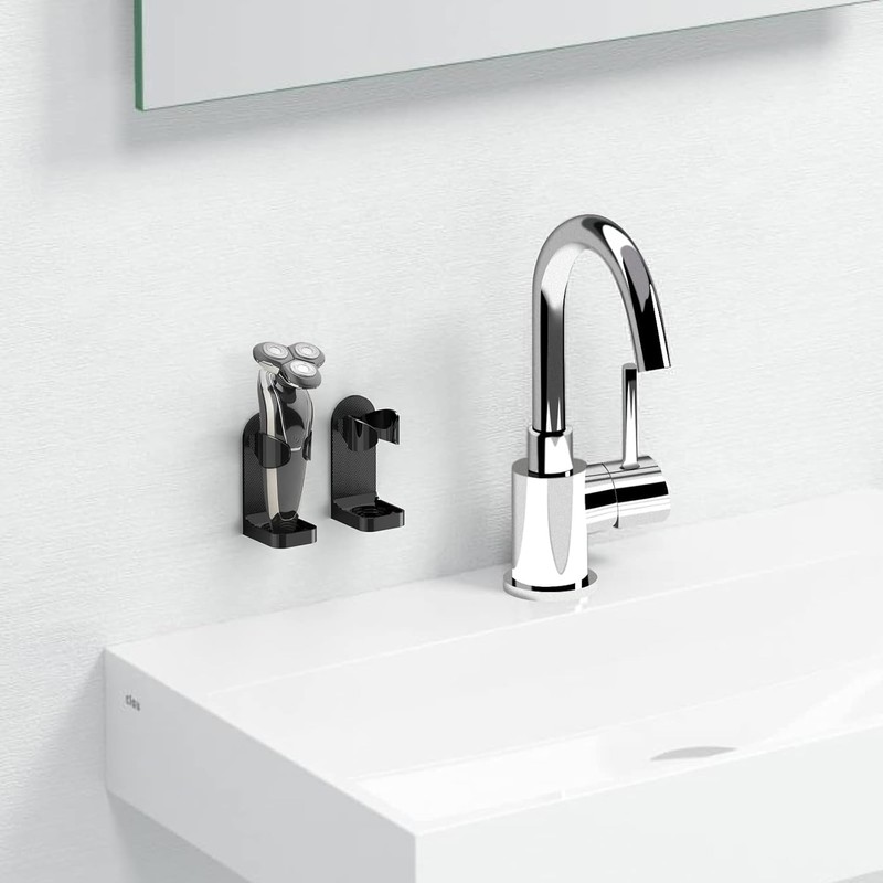AQQUP 調節可能な電気シェーバーホルダー 壁取り付け 2パック 粘着式カミソリハンガー 電気カミソリ バスルームシャワーオーガナイザー ブラック