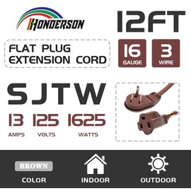 HONDERSON Flat Plug Indoor Extension Cord, UL Certified, 16 Gauge 12FT Brown 3 Prong Heavy Duty, 16/3 SJTW 13A Power Cord for Lights, Appliances, Home
