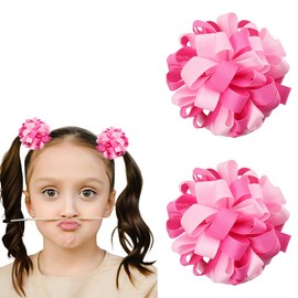 2 PCS Curly Korker Hair Bows Ties Elastic Pink Hair Ribbons Ties for Kids Girls Cute Cheerleading Hair Rubber Bands Boutique Hair Ponytail Holders for Long Hair Accessories, Pink