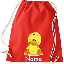 Shirtinstyle Children's Gym Bag Animals Duck Chick with Name of Choice, red