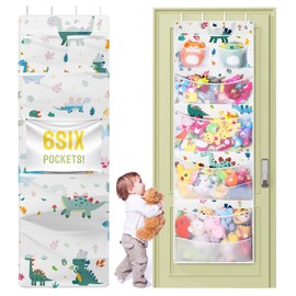 Yecaye Stuffed Animal Storage, 1 Pack Over Door Organizer for Stuffies with 6 Expandable Mesh Net Pockets, Baby Ideas Holder for Kids Room, Hanging Plushy Organizers for Bedroom, Dinosaur Print