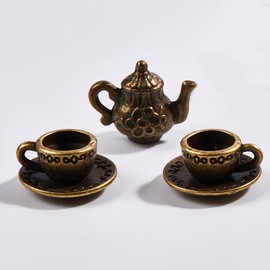 3 Pcs Miniature Tea Cup Set 1:12 Dollhouse Vintage Metal Teapot Coffee Shop Kitchen Accessories Decor, Mini Cups and Teapot(Copper)