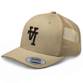 RIVEMUG NG Upside Down LA Embroidered Curved Bill Trucker Hat Mid Crown Adjustable Los Angeles Cap Khaki