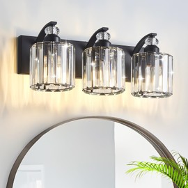 Zqoyn 3-Light Black Bathroom Light Fixture Modern Vanity Lights Over Mirror Vintage Wall Sconce Lighting for Bathroom, Bedroom, Living Room, Hallway E26 Base with Crystal Bathroom Vanity Light