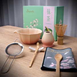 Joyscale Matcha Whisk Set, Matcha Set Whisk And Bowl, 8 Pcs Matcha Kit Set(Lotus Design), 11 OZ, Japanese Matcha Tea Set, Matcha Making Kit Gifts for Tea Lovers(Orange Pink)