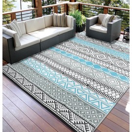 GarveeHome Outdoor Rug 8x10 Reversible Mats, Plastic Straw Rug, Modern Area Rug, Large Floor Mat and Rug for Outdoors, RV, Patio, Backyard, Deck, Picnic, Beach, Trailer, Camping, Blue/Grey(Boho)