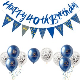 12Pcs Navy Blue Happy 40th Birthday Decorations Set for Him,Man 40th Birthday Balloons NavyBlue Gold Birthday Number 40 Banner Triangle Flag Banner for Men Boys Birthday Party Decorations Supplies