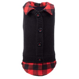 The Worthy Dog Plaid Layered-Look Two-fer Pet Pullover Cardigan Sweater, Warm Knitwear Winter Clothes for Pets, Cold Weather Outfits for Dogs, Black - XL