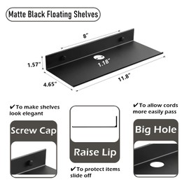 Z metnal Metal Floating Shelves with Cable Clip, Small Shelves for Bluetooth Speaker Router Cameras, Wall Mounted, Display Shelf, Matt Black, Aluminum, 12 inch,2 Pack