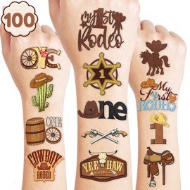 First Rodeo Temporary Tattoos 10 Sheets 100 PCS Cowboy 1st Party Decorations Favors Supplies Western Theme Birthday Cute Stickers Christmas Gifts for Boys Girls Class School Prizes Carnival