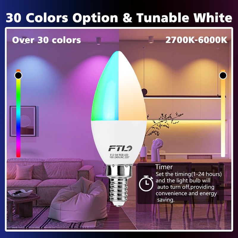 FTL E12 LED Color Changing Candelabra Light Bulb with Remote
