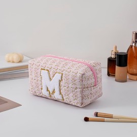 HHQQWZ Small Makeup Bag, Travel Cosmetic Bags for Women, Christmas Gifts for Girls Age 6-18, Pink Floral Zipper Makeup Pouch, Alphabet Make up Organizer Case, Travel Essentials Trendy Stuff (Pink M)