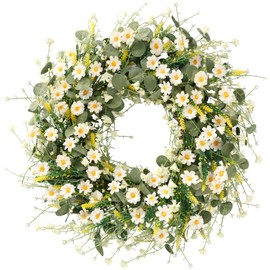 Sggvecsy White Daisy Wreath 24 Inch with Fake Silk Floral Green Eucalyptus Leaves and Lavender for Spring Summer Front Door Window Wall Wedding Farmhouse Festival Decor
