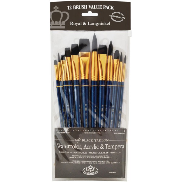 Royal Brush Black Taklon Value Pack Brush Set-12/Pkg (Pack of