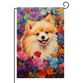 TopPacific Pomeranian Welcome Spring Garden Flag 12x18 Double Sided, Burlap Small Daisy Pansy Flower Garden Yard House Flags Outside Outdoor Summer Porch Lawn For Dog Lover Decoration(8050)
