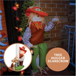 Thanksgiving Outdoor Decorations, Includes - Tree Hugging Scarecrow & Lantern 2 “GIVE THANKS” Porch Sign Welcome Banner, Maple Leaf String Lights 40 Ft 80 LED Fall Leaves Garland, 12 Assorted Pumpkins