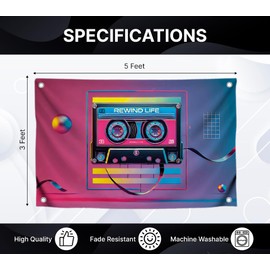 3x5 Feet Flags with Quotes with Four Brass Grommets - Retro Banner Rewind Life for Wall Decoration - Musical Cool Flag for Indoor and Outdoor - Multicolored Banner with Image Cassette