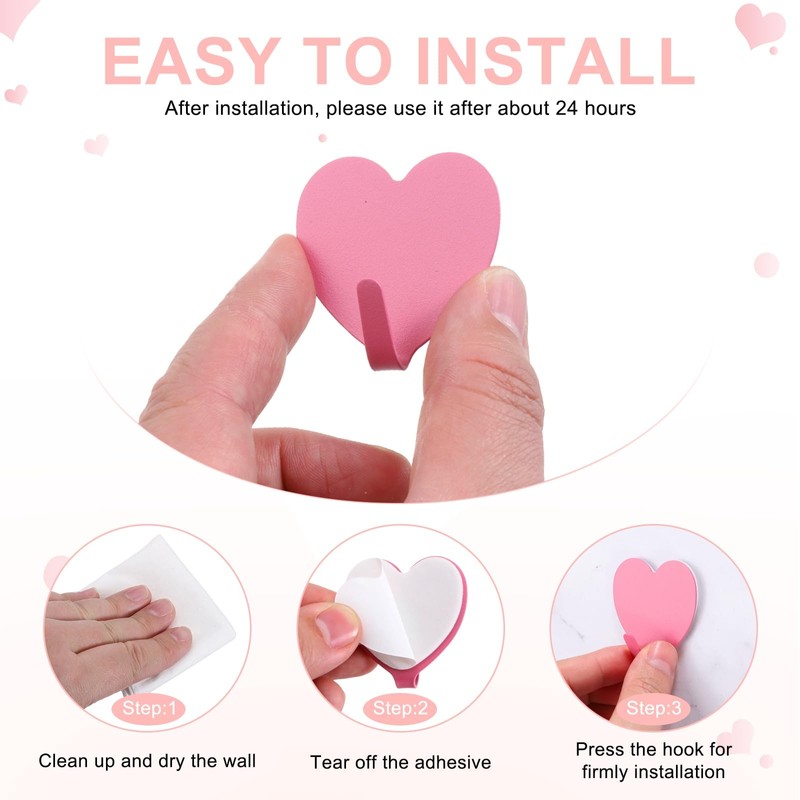 sourcing map Heart Shaped Decorative Wall Hooks, Pink, 5 Pcs