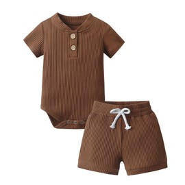 Newborn Infant Baby Boy Summer Clothes Outfit Short Sleeve Solid Color Romper Pant Sets - 9-12 Months Brown