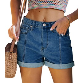 StunShow Women's Denim Shorts Blue High Waist Frayed Raw Hem Stretchy Jean Shorts