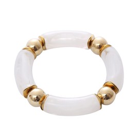 Bamboo Tube Beaded Acrylic Bangle Bracelets Gold Plated Colorful Chunky Curved Tube with Gold Pieces Beads Stretch Bracelet Friendship Summer Beach Jewelry for Women-B White