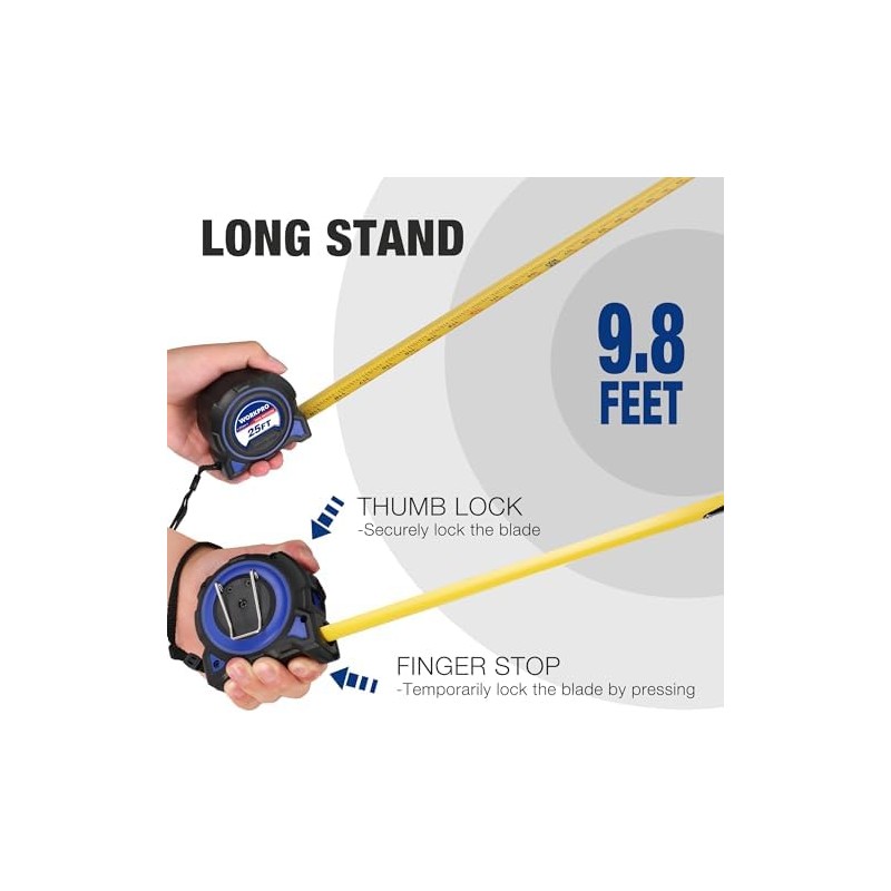 WORKPRO Cinta métrica resistente, 2 unidades de cinta métrica retráctil