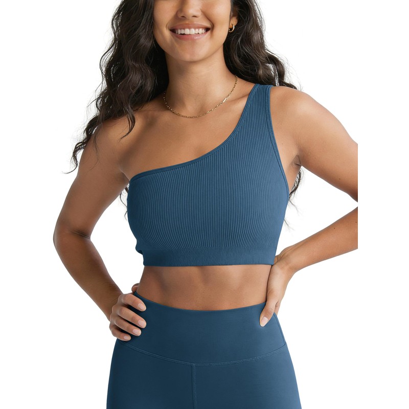 ODODOS Seamless One Shoulder Sports Bra for Women Ribbed Asymmetrical