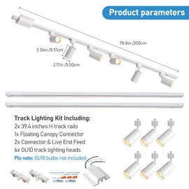 Hiiglxii 6 Lights LED Track Lighting Kit with 6.6FT H Track Lighting Rails & Floating Canopy Connector, GU10 Track Light Kit Modern Kitchen Track Lighting Fixtures Ceiling Spot Light, White - No Bulbs