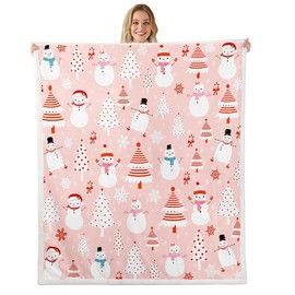 Manta de forro polar de Navidad para niños, diseño de muñeco de nieve de dibujos animados, manta Sherpa para cama, sofá, decoración de árbol de Navidad, manta de felpa con puntos rosados, temática de Navidad, manta mullida para recámara, 40 x 50 pulgadas