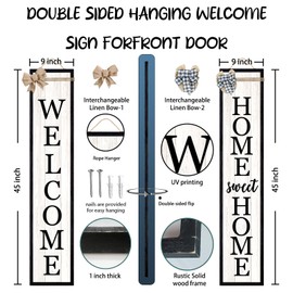 Outdoor Welcome Sign for Front Porch Standing Large 2 Sided 45"X9" Wooden Frame Tall Vertical Leaner Long Home Sweet Home Front Door Sign for Rustic Outside Farmhouse Modern Decor (Black)