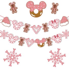 Merry Christmas Decoration-Pink Candyland Gingerbread Christmas Banner Garland,Mouse Candy Theme Cutout Hanging Banner for 2022 Xmas Holiday Tree Fireplace Decoration