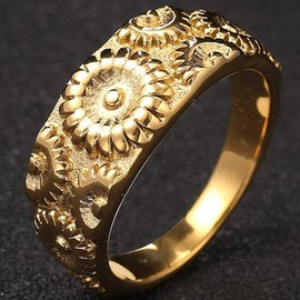 Stainless Steel Retro Vintage Sun Flower Floral Wedding Band Cocktail Party Holiday Ring (Golden, 7)