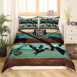Castle Fairy Wild Animal Hunting Bedding Set Twin,Hunt Fish Themed Retro Duvet Cover with 1 Pillow Sham Comforter Cover for Kids Boys,Farmhouse Rustic Wooden Board Quilt Cover Set Decorative 2 Pcs