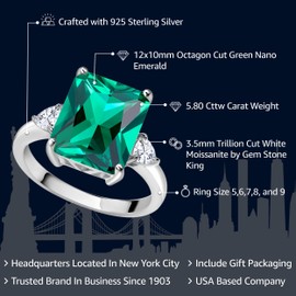 Gem Stone King 5.80 Cttw Emerald Cut Green Nano Emerald and White Moissanite 3 Stone Ring For Women | 925 Sterling Silver | Available In Size 5, 6, 7, 8, 9