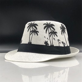 ECYC Ltd Unisex Panama Straw Hats Short Brim Fedora Straw Hat Trilby Hat Palm Tree Print Summer Beach Sun Hat Cap for Men Women