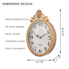 Abdurey Small French Retro Decorative Wall Clock, Antique Gold Vintage Oval Style,Silent Battery Operated Boho Decor Wall Clocks for Farmhouse,Kitchen,Bedroom,Bathroom(10.4" H x 6.7" W)
